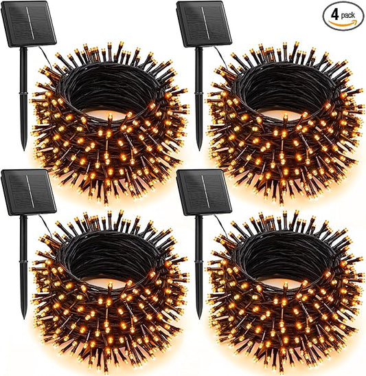 Brightown 4 Pack Solar Halloween Lights, Total 184FT 480 LED Solar String Lights Outdoor Waterproof Black Wire with 8 Modes, Solar Fairy Light for Garden Yard Patio Party Decors, Orange Brightown
