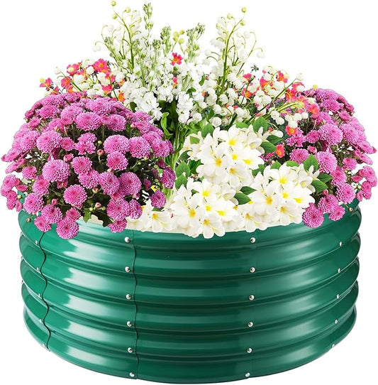 17" Tall Elevated Round Metal Rised Garden Bed- 3.3'x3.3' in Size and 0.8MM Thick Durable Planter Box for Vegetables Flowers Succulent at Patio/Garden Outdoor (Dark Green, 3.3FT Diameter) TBMLC