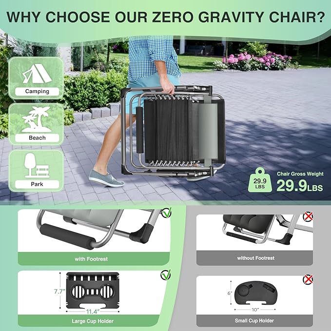 Suteck Oversized Zero Gravity Chair, 29In XL Outdoor Recliner Chair w/Removable Cushion&Headrest, Camping Lounge Chair w/Upgraded Lock&Footrest, Reclining Patio Chairs for Indoor Outdoor,500LBS Suteck