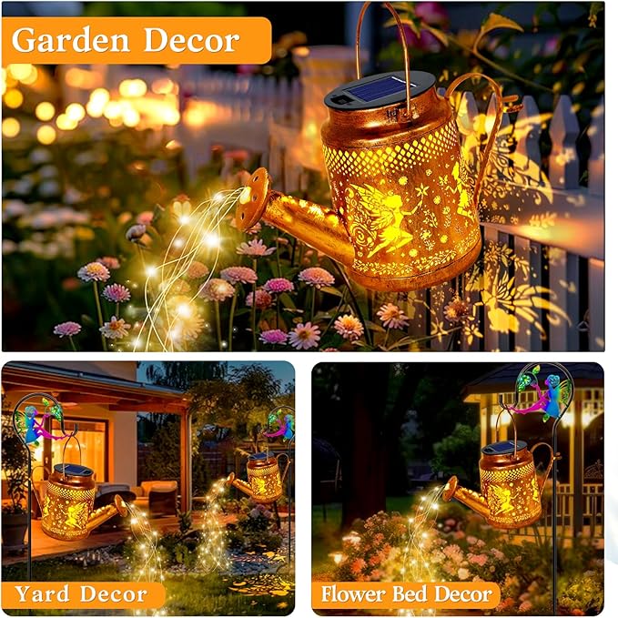 Solar Lanterns Outdoor Waterproof,Metal Watering Can Garden Decor,Fairy Hanging Solar Path Lights Yard Art,Outside Patio Decorations Gardening Christmas Gifts for Mom Grandma Women（with Shepherd Hook） YJFWAL