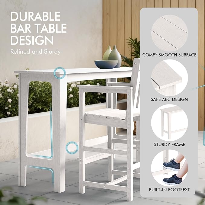 Ciokea 3 Pcs Outdoor Bar Height Table Set, 60" Extra Long Rectangle High Top Table and 2 Oversized Adirondack Chairs Set, Heavy-Duty All-Weather HDPE Patio Bar Set for Backyard Balcony Deck, White CIOKEA