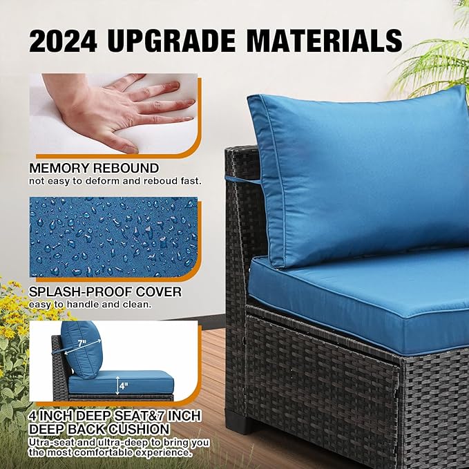 10 Pieces Patio Furniture Set All-Weather Outdoor Wicker Sectional Conversation Sofa Rattan Patio Seating Sofa with Cushion and Glass Table for Porch Poolside,Peacock Blue JOYURE