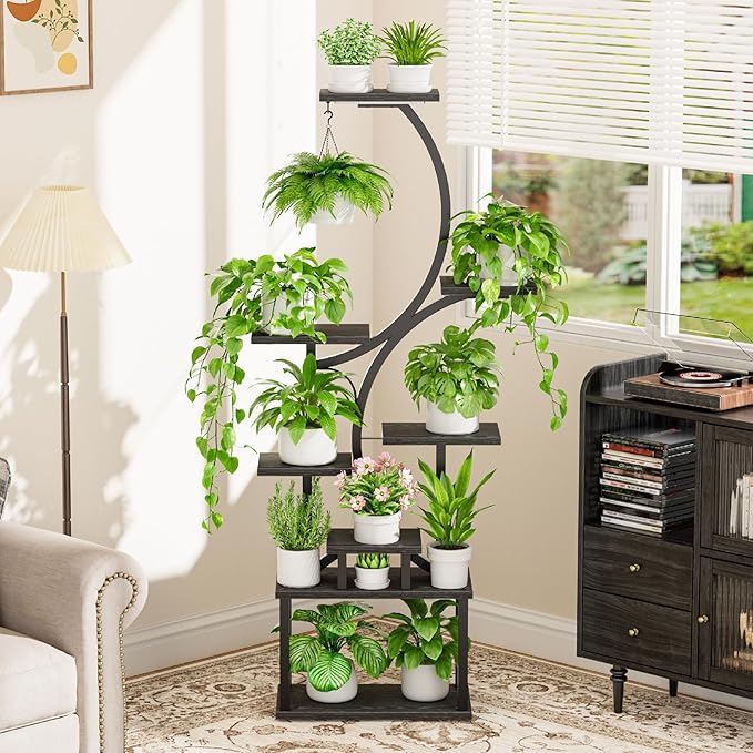 Plant Stand Indoor with Grow Lights - 62" Tall Plant Shelf, Lighted Corner Plant Stands for Indoor Growing, 8 Tiered Large Flower Holder, S-Shaped Plants Rack for Living Room, Patent Design, Black BACEKOLL