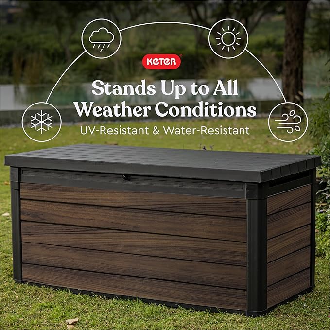 Keter Signature Collection 150 Gallon Resin Deck Box Organization and Storage for Patio Outdoor Cushions, Throw Pillows, Garden Tools and Pool Supplies, Rosewood Keter