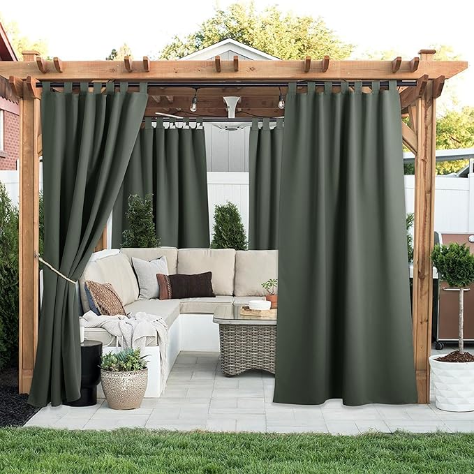 NICETOWN 2 Panels Greyish Green Long Outdoor Curtainss for Patio Waterproof, Detachable Sticky Tab Top Blackout Indoor Outdoor Blinds Heat & Cold Blocking Privacy for Gazebo/Porch, W52 x L108 NICETOWN