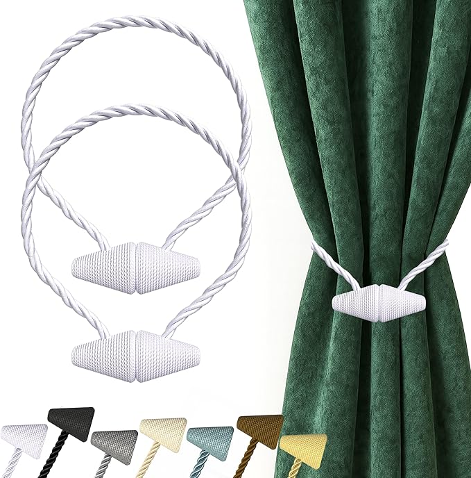 Hion Magnetic Curtain Tiebacks White 2pcs, Curtain Tiebacks Buckles Holdbacks Holders Hooks Clip for Home Bedroom Office Decorative Curtain Hion
