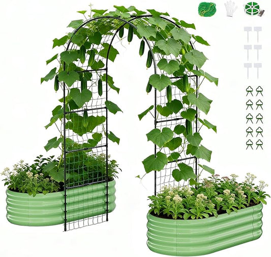 DoCred 3 in 1 Raised Garden Bed with 87in Tall Arch Trellis for Climbing Plants, Galvanized Planter Garden Box Outdoor for Gardening, Climbing Vegetables, Flower, Green DoCred