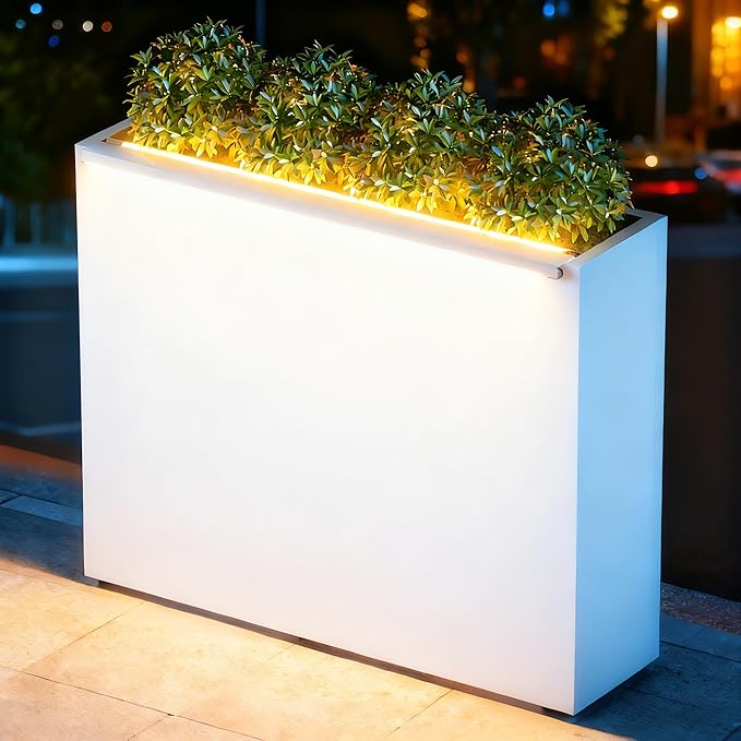 GSK White Metal Planter Box with LED Light Rectangular Illuminate Flower Trough 30" H×10" W×37.9" L Vibe Indoor Light Up Garden Plants Outdoor Separation Patio Porch Balcony GSK