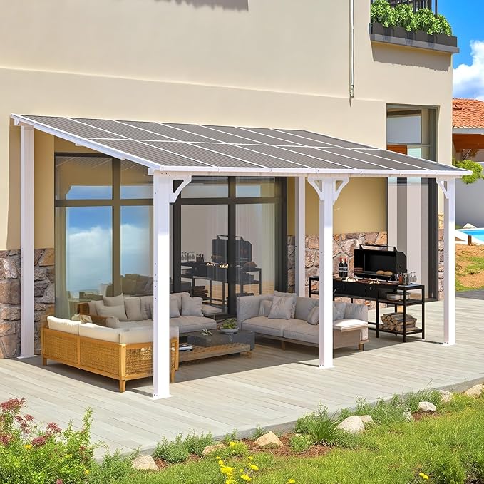 AECOJOY 14' x 8' White Gazebo Outdoor Pergola for Patio, Hard Top Lean to 8x14 Gazebo Shelter Pergolas and Gazebos Clearance with Patio Roof, Large Wall-Mounted Heavy Duty Awnings for Backyard AECOJOY