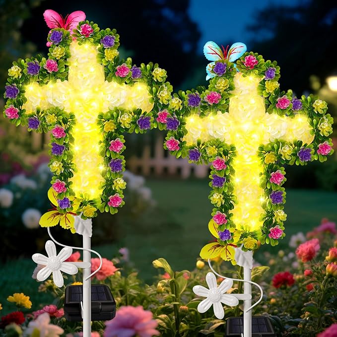 YJFWAL Solar Flower Cross for Cemetery Grave, Grave Decorations for Cemetery Solar Crosses, Sympathy Memorial Gifts, for Garden Lawn Yard Patio Decor YJFWAL
