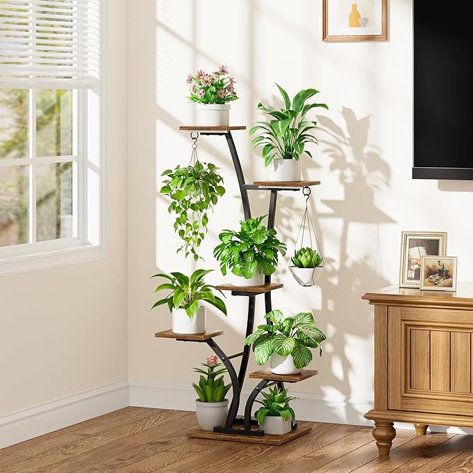 Plant Stand with Grow Light for Indoor Plants, 6 Tiered Metal Plant Shelf, 45" Indoor Plant Rack with 7 Shelves and 2 Hooks, Modern Corner Plant Holder for Living Room Balcony Bedroom, Black Rootora