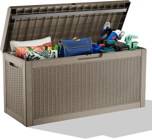 ROJIK Outdoor Storage Housing Deck Box,Waterproof Patio Furniture, Garden Tools, Cushions, Pool Accessories Storage Bench with Lockable Lid and Side Handles (Grey,60 Gallon) ROJIK