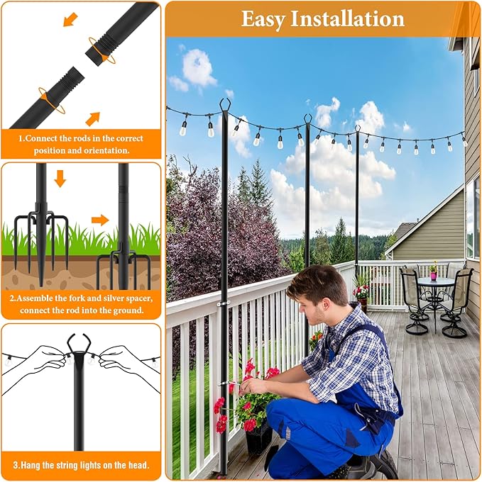 2 Pack String Light Poles,10 Ft Light Poles for Outside String Lights,Outdoor Lights Pole with Fork,Metal Poles Stand for Patio Deck Backyard Mutovlin