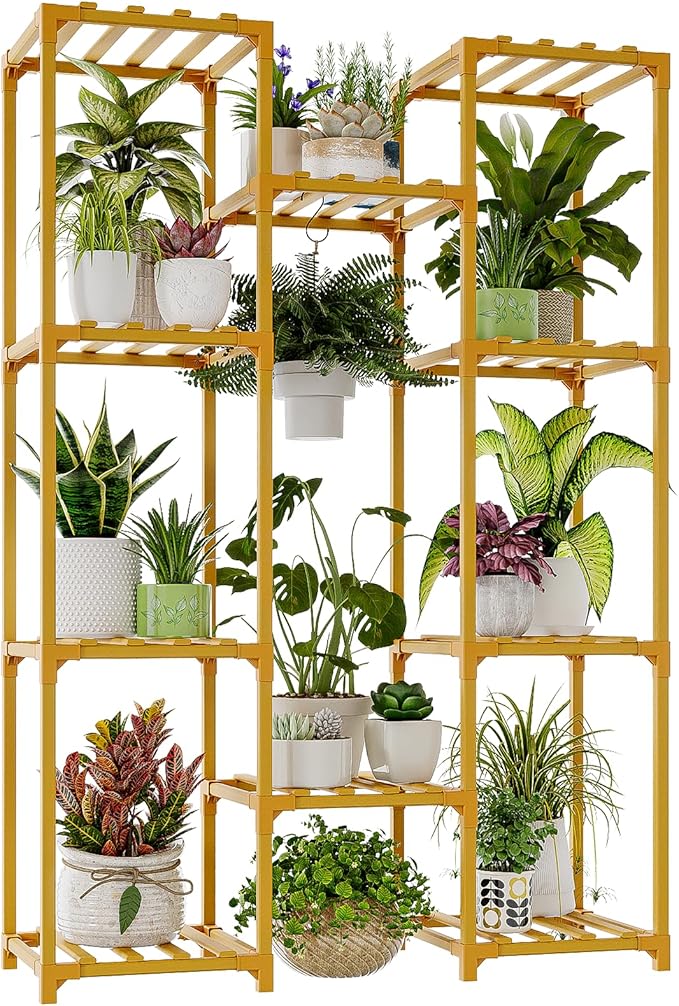 Bamworld Bamboo Plant Stand Indoor Hanging Plants Shelf for Multiple Plants Pots, Tall Large Flower Holder for Living Room, Patio, Balcony, Garden Nature Color Bamworld