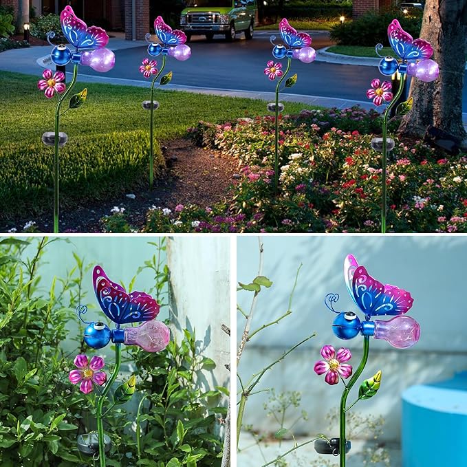 VCUTEKA Solar Garden Lights Metal Flower Decor Colorful Solar Pathway Light with LED Cracked Crystal Ball Outdoor Decorative Stake for Patio Yard Lawn Garden Decor (Purple) VCUTEKA