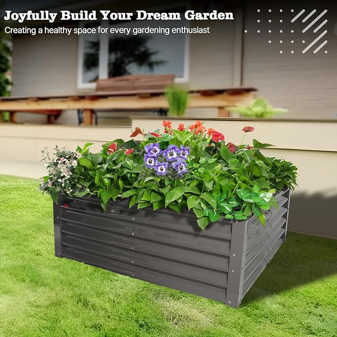 A ANLEOLIFE 4X4X1.5 ft Galvanized Raised Garden Beds Outdoor, Square Metal Planter Box for Planting Vegetables Flowers Herb, Anti-Rust & Easy-Setup, Quartz Grey AAnleolife