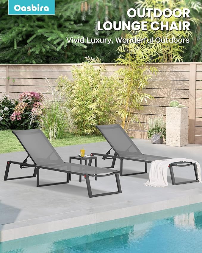 Aluminum Pool Lounge Chairs Set of 2 with 1 Side Table, Foldable Outdoor Chaise Lounge 5-Position Lounge Chirs for Outside Poolside, Fully Grounded Legs Sun Lounger for Beach, Yard, Dark Grey Oasbira