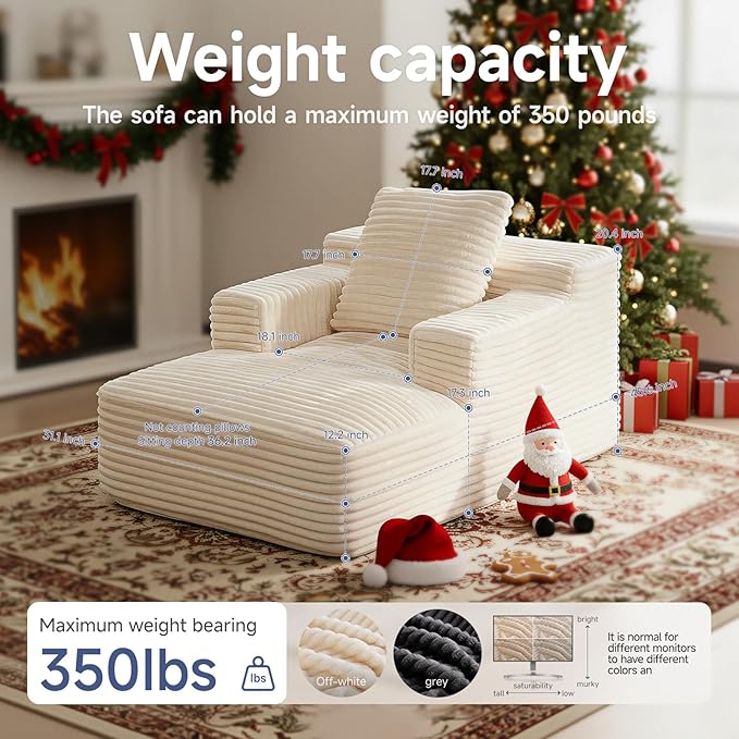 45'' Chaise Lounge Chair Indoor, Corduroy Upholstered Boneless Sofa Bed, Deep Seat Sleeper Couch Reading Chairs, Small Comfy Cloud Sofas Couches for Living Room, Bedroom, Movie Room (Beige) sonovafurn