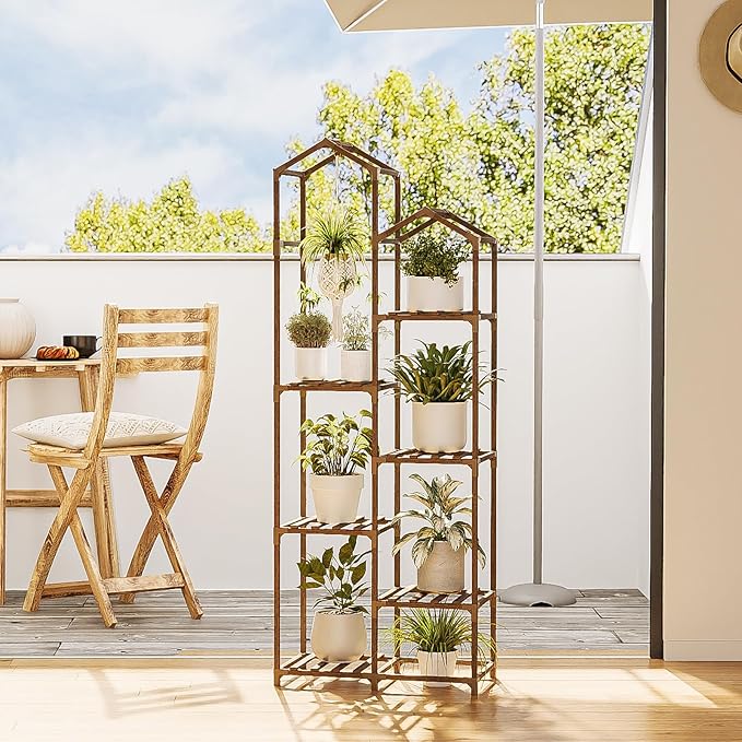 Bamworld Tall Plant Stand Indoor Outdoor Corner Plant Shelf Hanging Plant Holder Wood Flower Stand Plant Decor for Living Room Garden Balcony Patio Bamworld