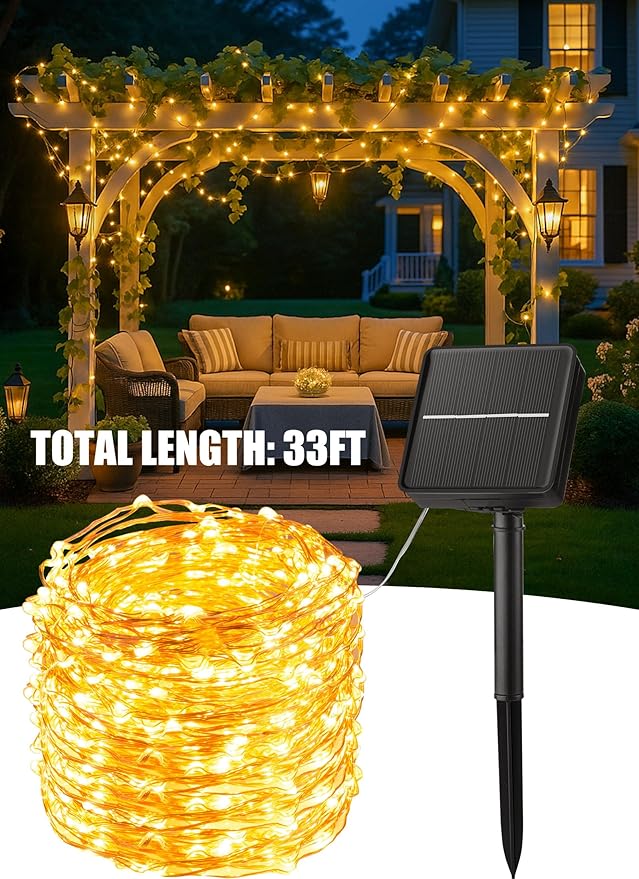 Minetom Solar String Lights, 2 Packs Total 66Ft 200 LED Solar Fairy Lights, Waterproof Solar Lights for Outside Patio Yard Tree Wedding Christmas, Warm White Minetom