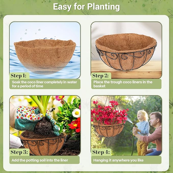 2 Pack 14 inch Metal Hanging Baskets for Plants Outdoor, Hanging Planters Basket with Coco Liners, Hanging Baskets Flower Pots for Garden, Patio, Deck, Porch Plants Dovesail