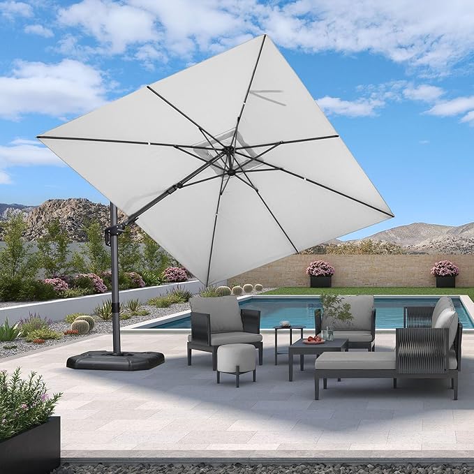 PURPLE LEAF 9' X 12' Left-right Tilt Patio Umbrella Outdoor Cantilever Swivel Rectangle Umbrella Aluminum Offset Umbrella with 360-degree Rotation for Garden Deck Pool Patio White PURPLELEAF