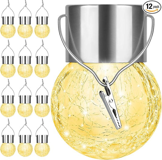 12Pack Hanging Outdoor Solar Lights - Decorative Cracked Glass LED Ball Lights Waterproof Tree Solar Powered Globe Lights with Handle for Garden Yard Patio Fence Christmas Decoration, Warm White BestChoiceforYourLife