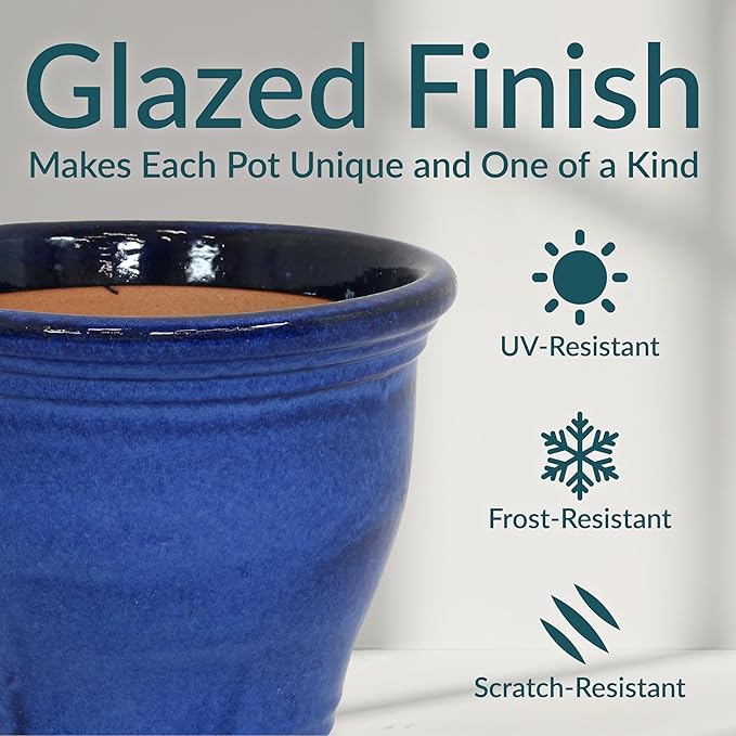 Sunnydaze Large Ceramic Plant Pot - Round Outdoor Glazed Ceramic Planter Pot with Drainage - Studio - Imperial Blue - 14.5" SunnydazeDecor