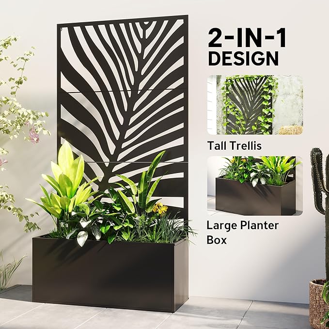 Outsunny Metal Planter Box with Trellis, 71" Tall Raised Garden Bed with Trellis Privacy Screen for Climbing Plants, Large Leaf Cut-Out Privacy Planter for Garden, Patio, Balcony Outsunny
