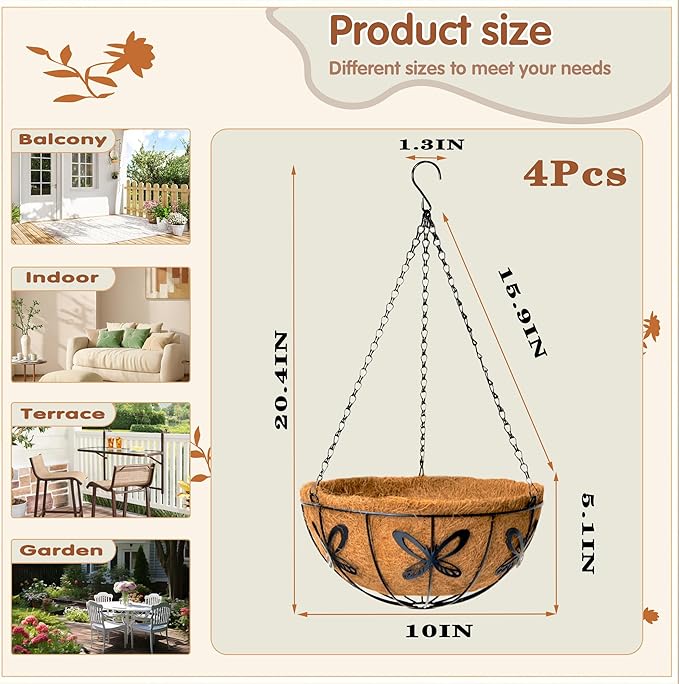 Metal 10 inch Round Planter, 4 Pack Hanging Wire Basket with Coco Fiber Liners for Outdoor Plants, Garden, Patio, Deck, Porch JFFLYIT