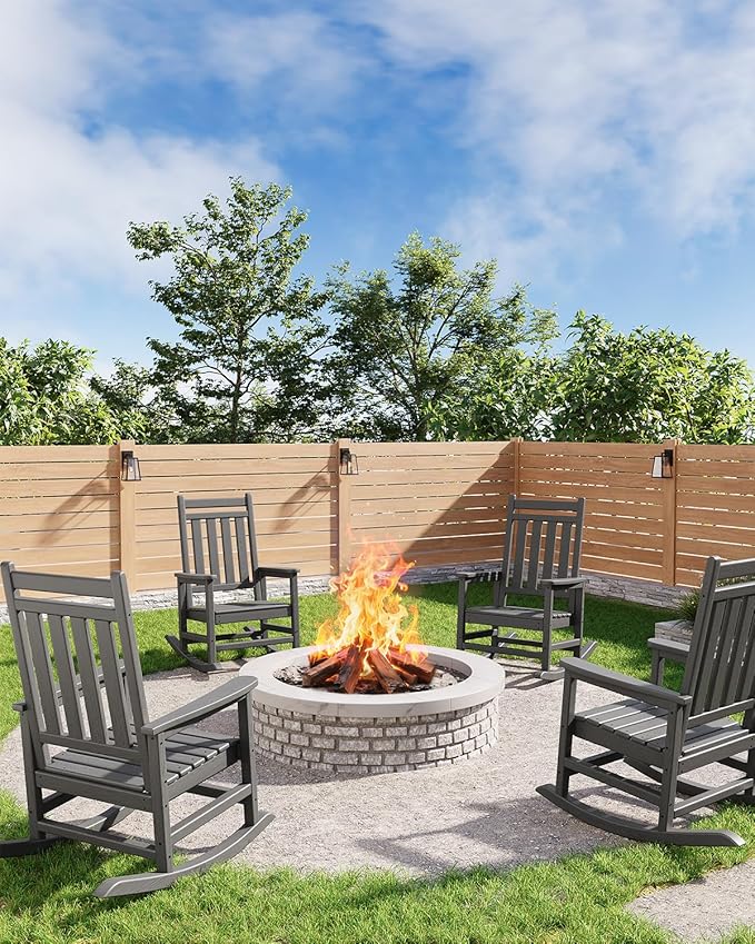 GarveeLife Poly Lumber Rocking Chair Outdoor Set of 4- HDPE High Back Porch Rocker Chairs for Adults - All Weather Resistant Furniture for Patio - Gray GarveeLife