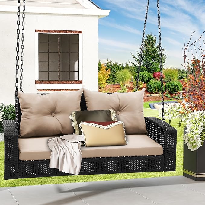DWVO Hanging Porch Swing Chair Outdoor Wicker Rattan Patio Swing Lounge 2 Seats Cushions Capacity 530lbs for Balcony, Garden, Living Room, Brown Rattan Light Brown Cushion DWVO
