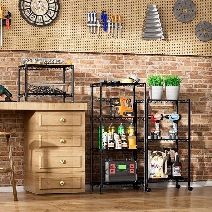 Xcity Storage Shelves, 2 Tier Heavy Duty Metal Shelving Unit with Wheels, 700 LBS Capacity Adjustable Steel Wire Shelf Organizer for Pantry, Kitchen, Garage, 14" D x 24" W x 20" H, Black Rootora