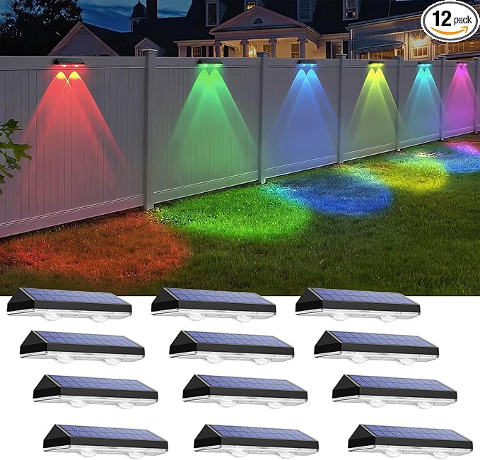 Solar Fence Lights Outdoor - Warm White & RGB 6 Color, Dusk to Dawn Solar Deck Light, Solar Lights Outdoor IP65 Waterproof, Garden Lights for Outside/Backyard/Railing/Step/Patio/Wall (12 pack) LIANGLOME
