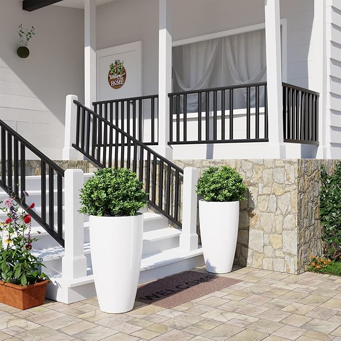 QCQHDU 21 inch Tall Planters for Outdoor & Indoor Plants, Set of 2 Large Outdoor Planters with Drainage Hole for Front Porch, Patio, Garden, White QCQHDU