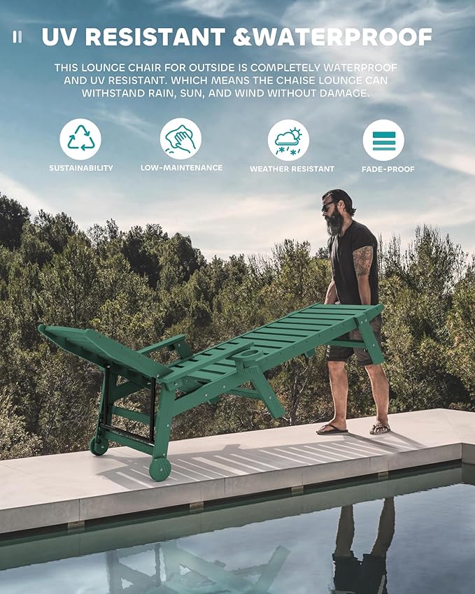 SERWALL Patio Chaise Lounge Chair, 78'' Long HDPE 5 Positions Adjustable Outdoor Lounger, Poly Lounge Chair with Rolling Wheels & Cup Holder for Pool, Dark Green SERWALL