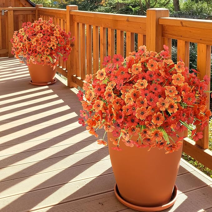 MACTING 24 Bundles Artificial Fall Flowers for Outdoors Faux Mums Outdoor Plants UV Resistant Fake Silk Flowers for Planters Patio Garden Porch Indoor Outside Autumn Thanksgiving Decor,Orange & Red MACTING