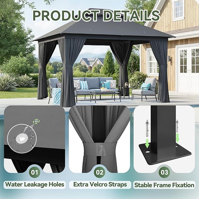 Aoxun Outdoor Gazebo for Patio 10x12, Metal Frame Canopy with Double Roofs, Heavy Duty Party Tent and Shelter with Mosquito Netting and Privacy Screen for Backyard, Lawn, Garden, Deck Aoxun
