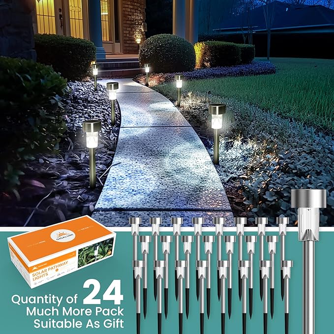 GIGALUMI 24 Pack Solar Path Lights Outdoor,Solar Lights Outdoor Waterproof,Stainless Steel LED Landscape Lighting,Solar Garden Lights for Driveway,Pathway,Patio,Yard GIGALUMI