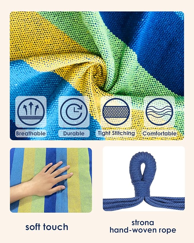 Highwild Hammock Chair Hanging Rope Swing - Max 500 Lbs - 2 Cushions Included - Steel Spreader Bar with Anti-Slip Rings - for Any Indoor or Outdoor Spaces (Blue Striped) Highwild