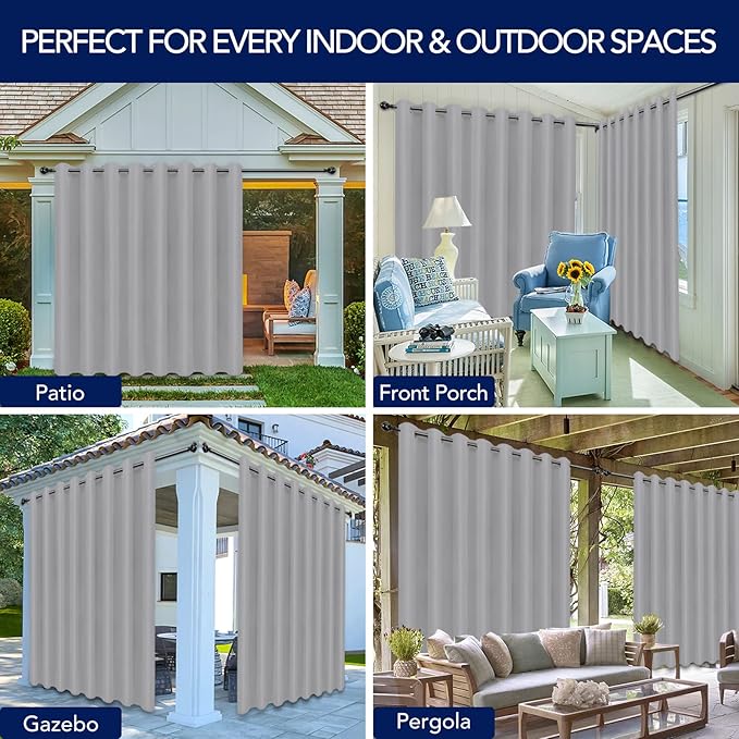 PureFit Outdoor Curtains for Patio Waterproof Weatherproof, UV Resistant Outside Curtains for Gazebo, Front Porch, Pergola, Sun Blocking Privacy Curtain, 120W x 84L inch, 1 Panel, Light Gray PureFit