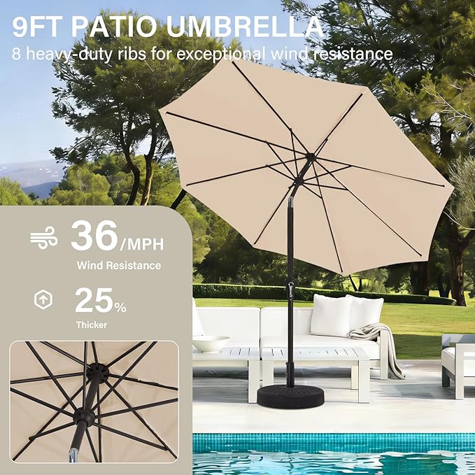 MEWAY 9ft Patio Umbrella Outdoor Table Umbrellas with Push Button Tilt and Crank, Market Umbrella 8 Sturdy Ribs for Deck, Garden, Pool and Backyard, Cream Beige MEWAY