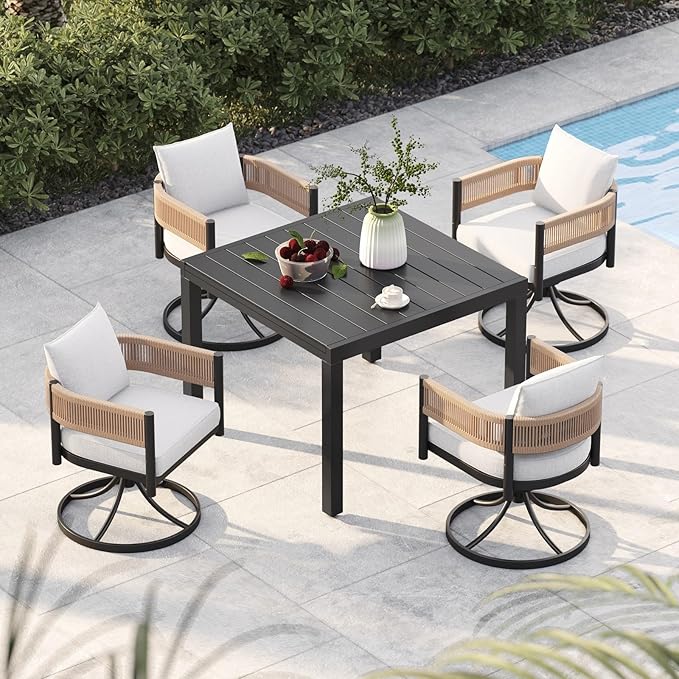 Grand patio 5-Piece Outdoor Dining Set for 4 with 1 Rectangle Expandable Table for 4-6 Person, Metal Woven Wicker Swivel Patio Chairs with Thickened Cushions for Yard, Poolside (Natural) GrandPatio