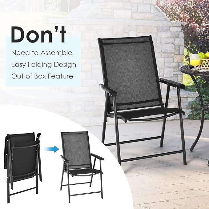 Giantex Set of 4 Patio Folding Chairs, Outdoor Chairs with Armrest, Portable Dining Chairs for Porch Camping Pool Beach Deck Lawn Garden, 4-Pack Patio Chairs, Metal Frame, Black Giantex