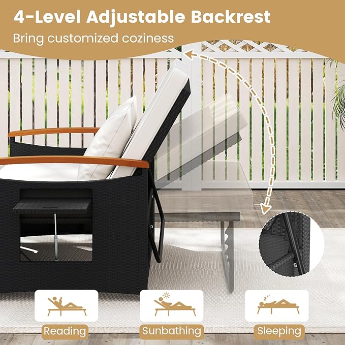Tangkula Patio Rattan Daybed with 4-Level Adjustable Backrest, Outdoor Wicker Loveseat with Acacia Wood Armrest, Storage Ottoman & Folding Tray, Double Sunbed for Yard & Poolside (White & Black) TANGKULA