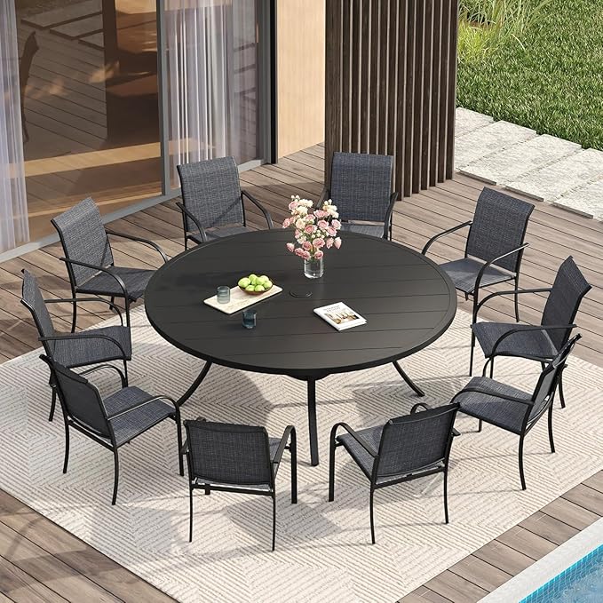 VICLLAX Large Patio Dining Furniture Set, Outdoor Dining Set for 10-60" Round Outdoor Table and Patio Stackable Chairs, Black Tabletop and Grey Fabric HOME