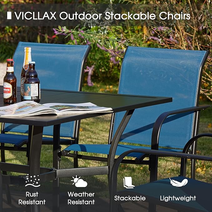VICLLAX Large Patio Dining Furniture Set, Outdoor Dining Set for 10-60" Round Outdoor Table and Patio Stackable Chairs, Black Tabletop and Blue Fabric HOME