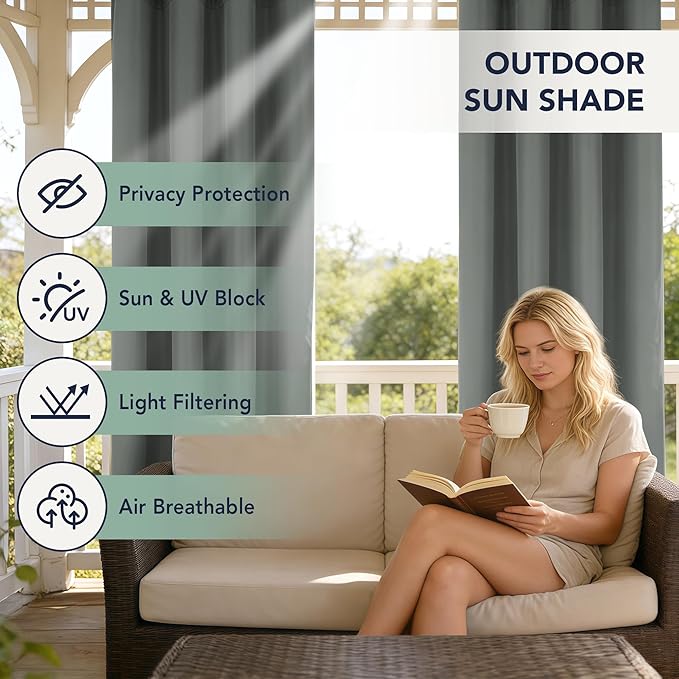Patio Curtains Outdoor Waterproof - 6 Panels Privacy Weatherproof Outside Curtains with Grommets for Pergola, Gazebo, Porch, Cabana, Balcony, 54 x 95 Inch, Grey RichSets