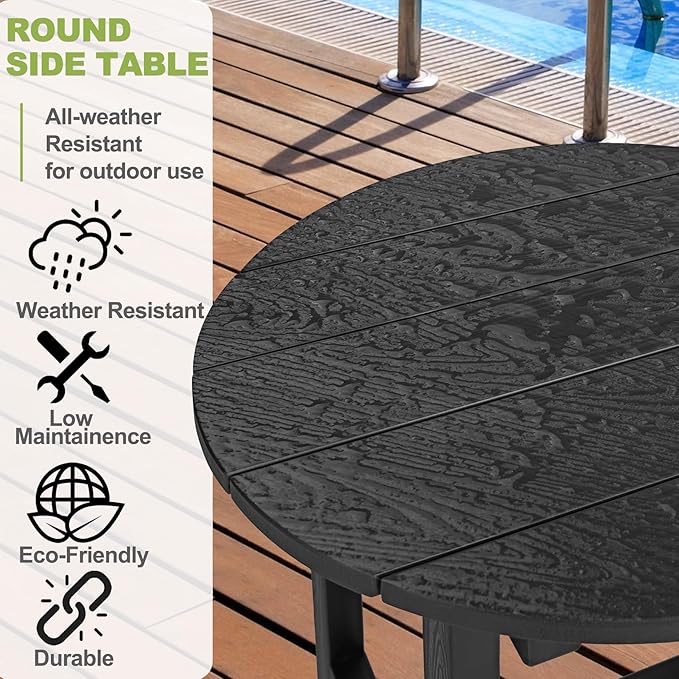 Y&M Outdoor Side Table, Waterproof Four-Legged Round Entryway End Table, Single-Tier HDPE Modern Small Coffee Nightstand for Bedroom, Living Room, Patio, Indoor or Outdoor Use, Black YM
