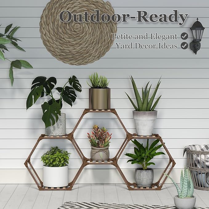Tikea Plant Stand Indoor Hexagonal Plant Stand for Multiple Plants Indoor Outdoor Large Wooden Plant Shelf Creative DIY 6 Tiered Flowers Stand Rack for Living Room Balcony Patio Window Tikea